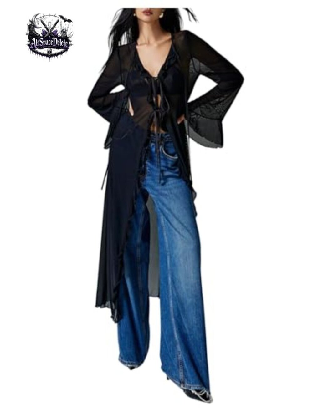 Bell Sleeve Mesh Tie Front Goth Blouse Y2K Sheer Tunic Top